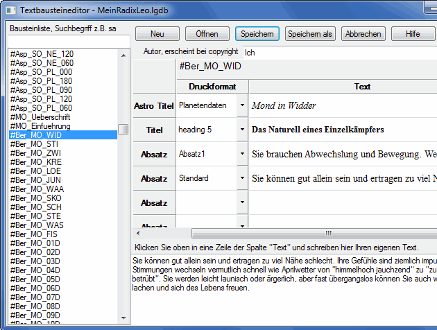 Textbausteineditor und Mein Radix